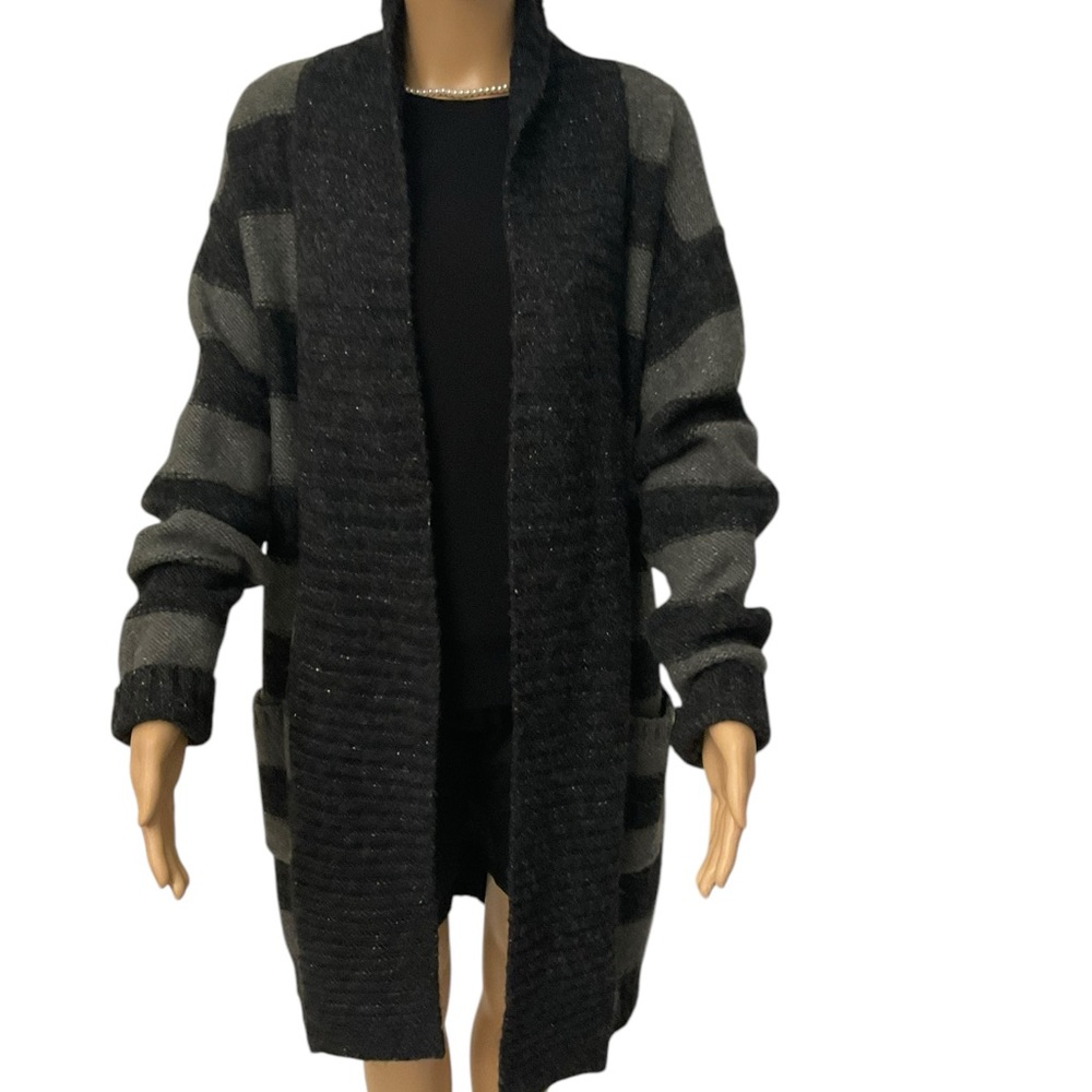 Women’s Cozy Long Warm Gray/Black stripped cardigan/Sweater by PRESS Size M.